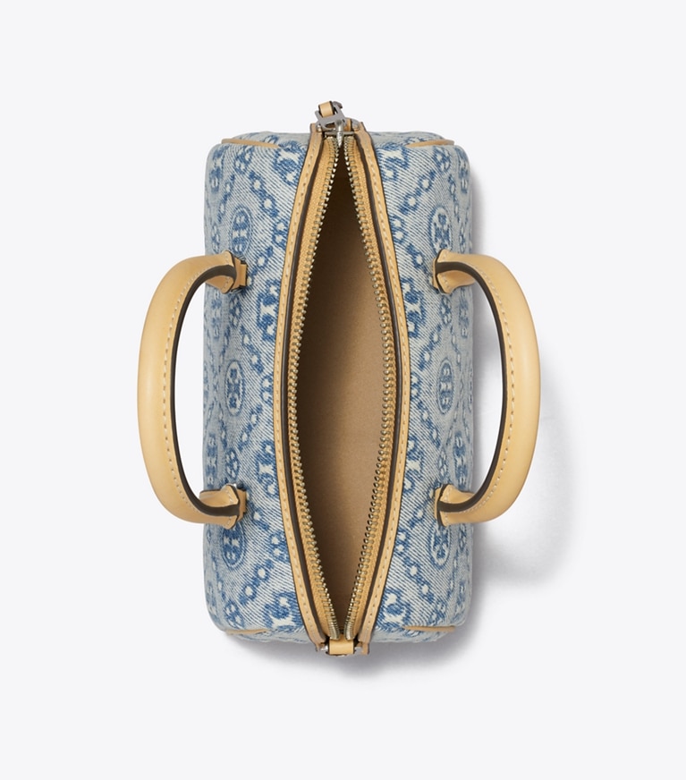 Tory Burch diseñador bolsos bandolera Bolso barril pequeño de denim con monograma de T en Powder Blue desde arriba