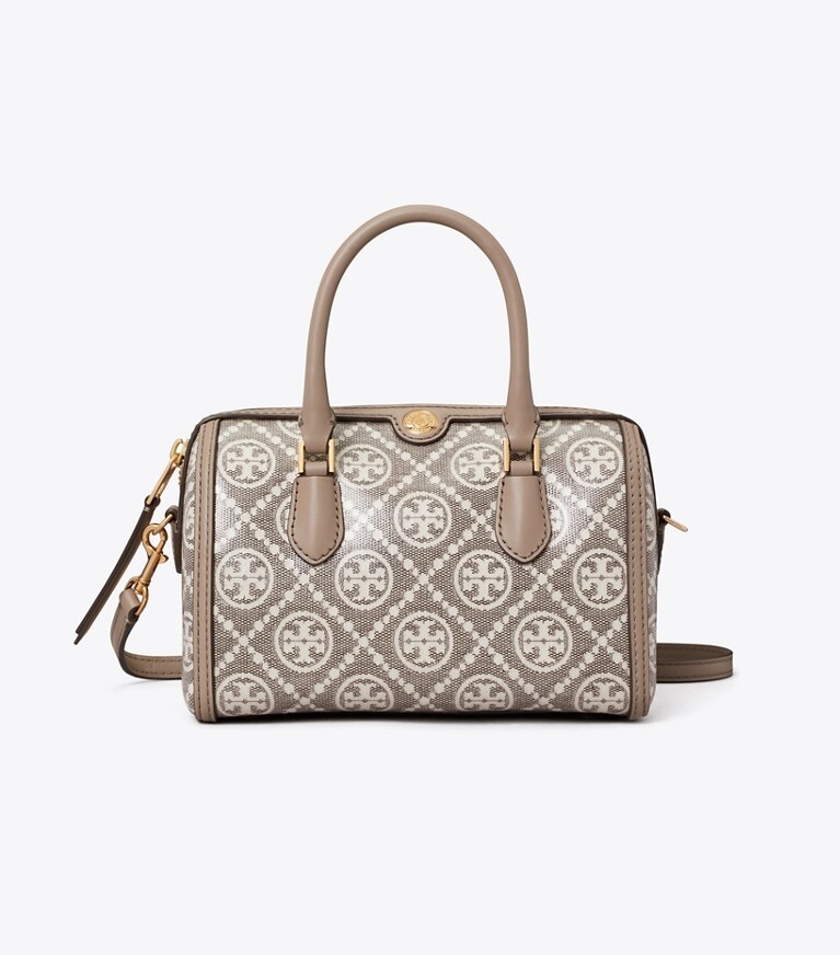Tory Burch diseñador bolsos bandolera Bolso barril pequeño de jacquard revestido con monograma de T en Charcoal frontal