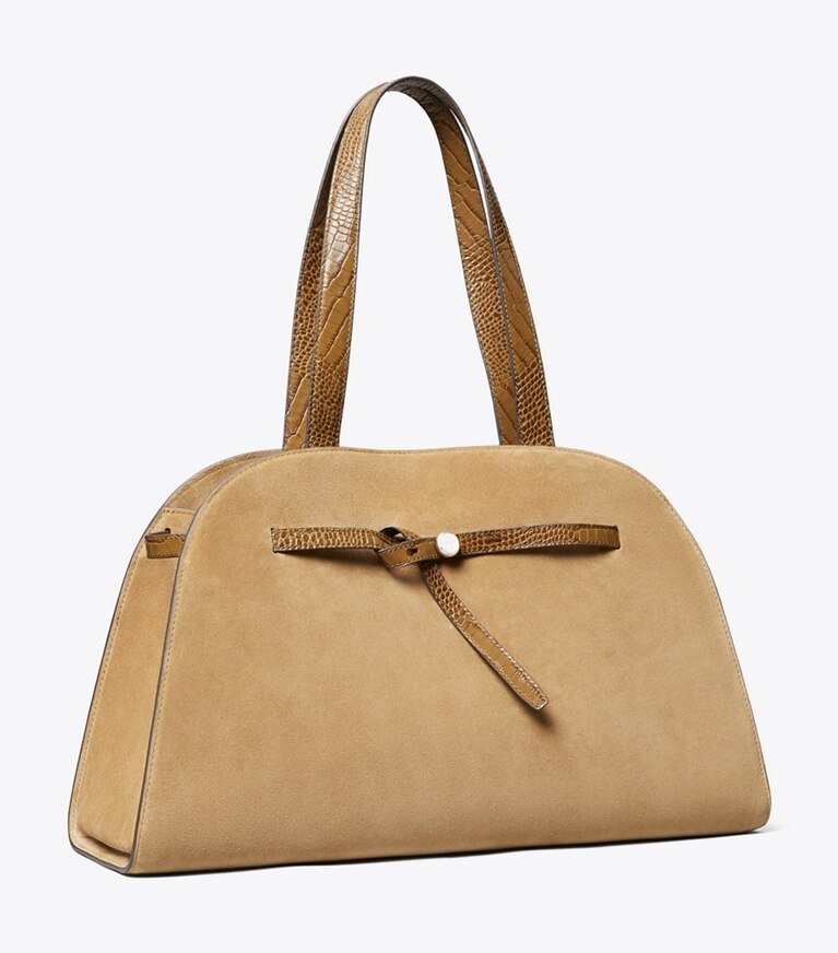 Tory Burch diseñador bolsos satchel Bolso Bauletto grande de gamuza Romy en Stone ángulo