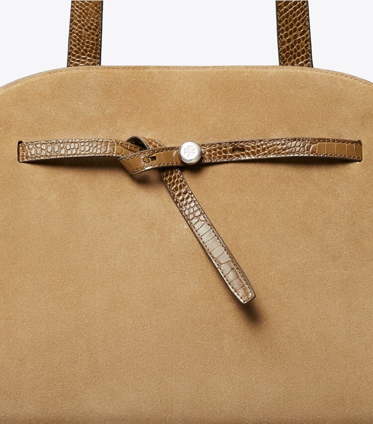 Tory Burch diseñador bolsos satchel Bolso Bauletto grande de gamuza Romy en Stone detalle