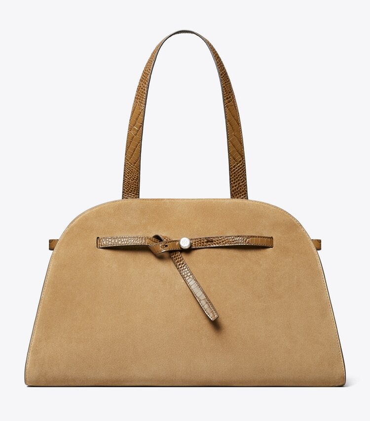 Tory Burch diseñador bolsos satchel Bolso Bauletto grande de gamuza Romy en Stone frente