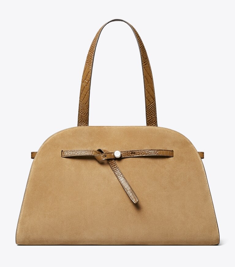 Tory Burch diseñador bolsos satchel Bolso Bauletto grande de gamuza Romy en Stone frente