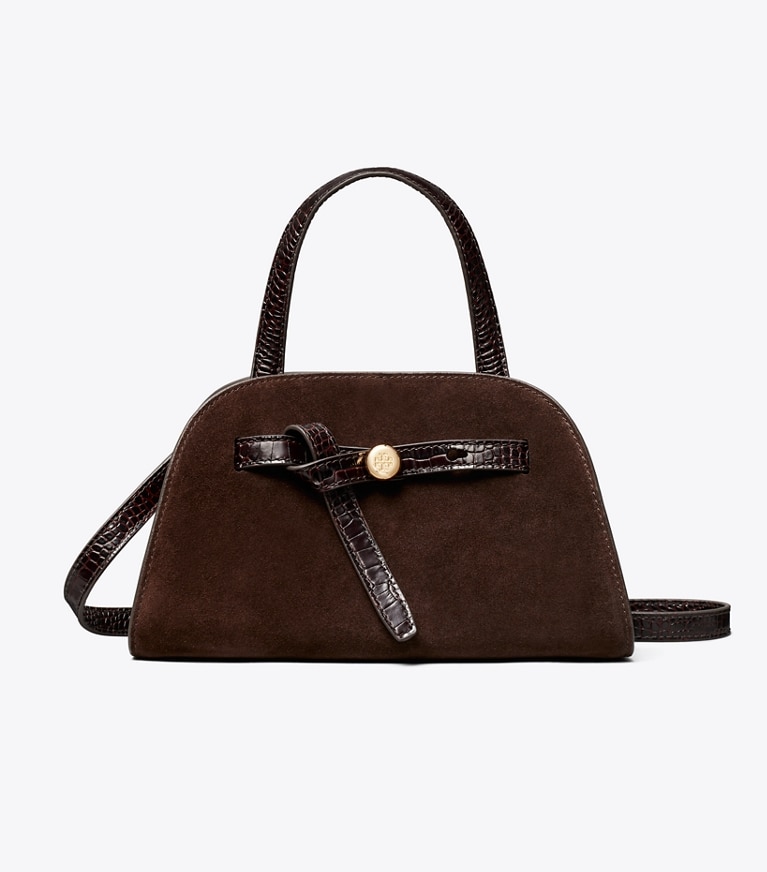 Tory Burch diseñador bolsos bandolera Bolso bauletto Romy pequeño de ante en DARK COCOA frontal
