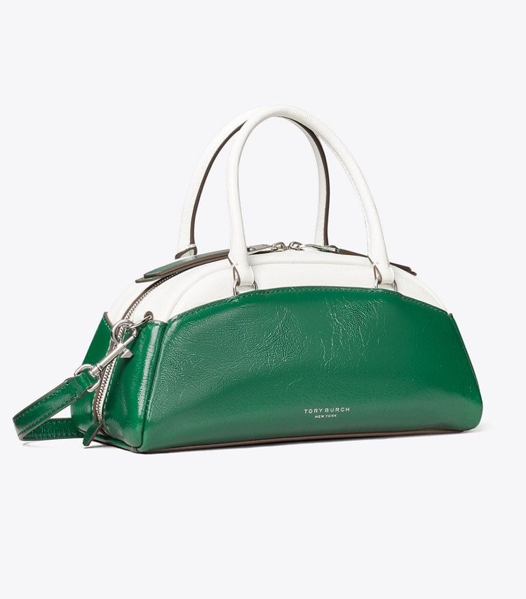 Tory Burch diseñador bolsos bandolera Bolso bowler pequeño con bloques de color en Sapphire Green ángulo
