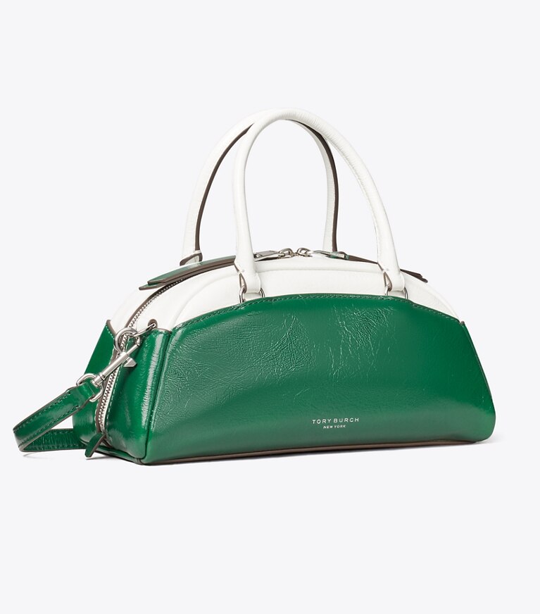 Tory Burch diseñador bolsos bandolera Bolso bowler pequeño con bloques de color en Sapphire Green ángulo