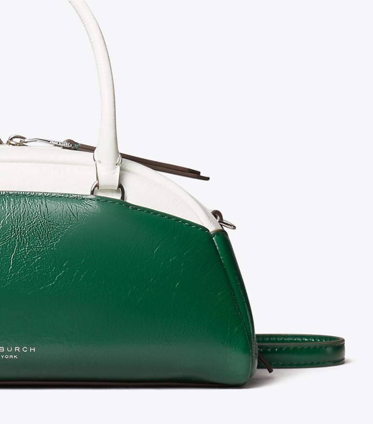Tory Burch diseñador bolsos bandolera Bolso bowler pequeño con bloques de color en Sapphire Green detalle