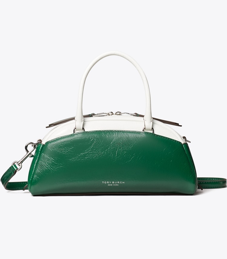 Tory Burch diseñador bolsos bandolera Bolso bowler pequeño con bloques de color en Sapphire Green frente