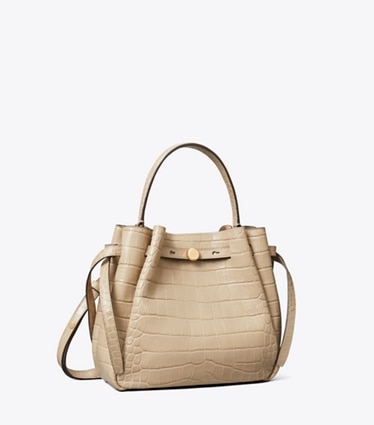 Tory Burch diseñador bolsos bandolera Bolso bucket con grabado de cocodrilo Romy en Ginger Leaf ángulo