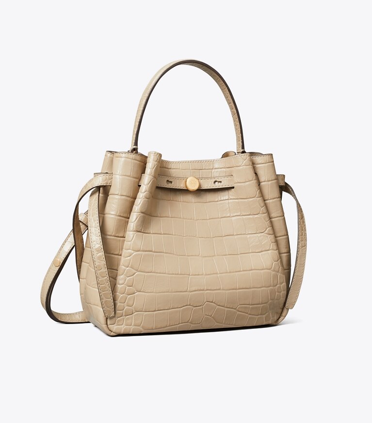 Tory Burch diseñador bolsos bandolera Bolso bucket con grabado de cocodrilo Romy en Ginger Leaf ángulo
