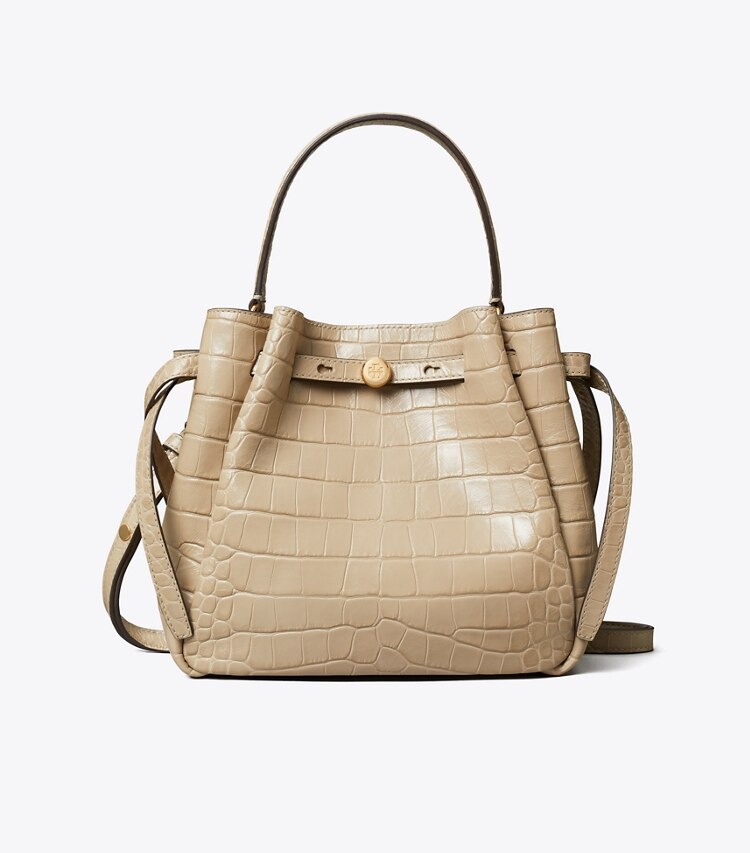 Tory Burch diseñador bolsos bandolera Bolso bucket con grabado de cocodrilo Romy en Ginger Leaf frente