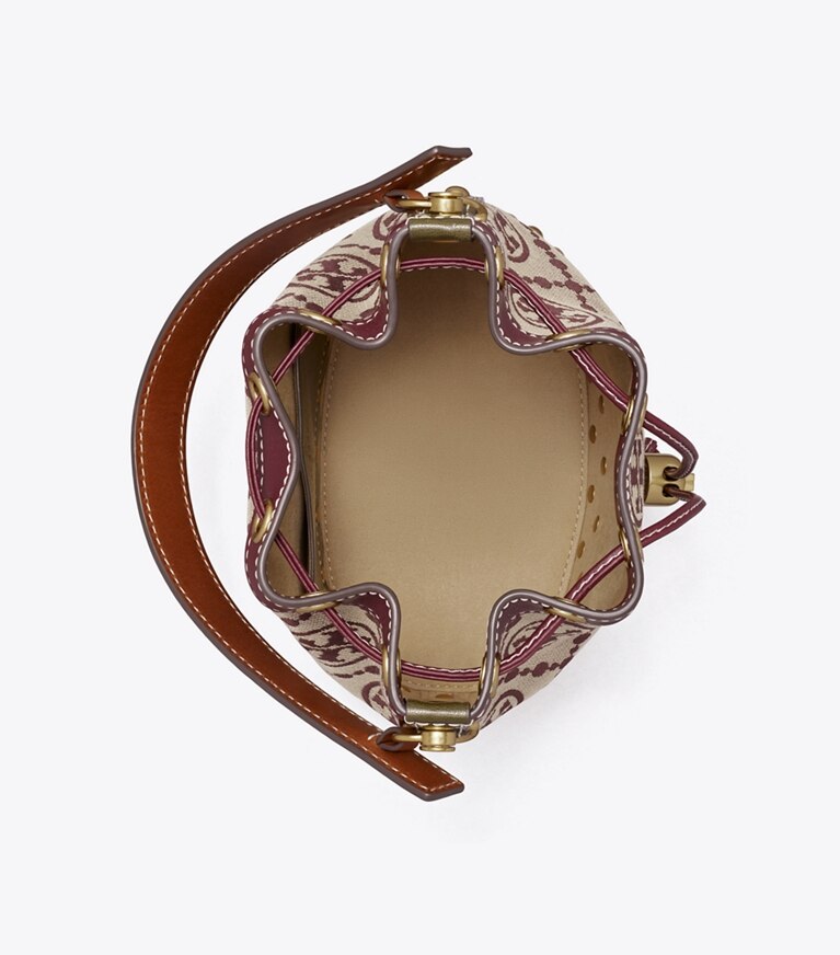 Tory Burch diseñador bolsos bandolera Bolso bucket con tachuelas con monograma de T en Claret desde arriba