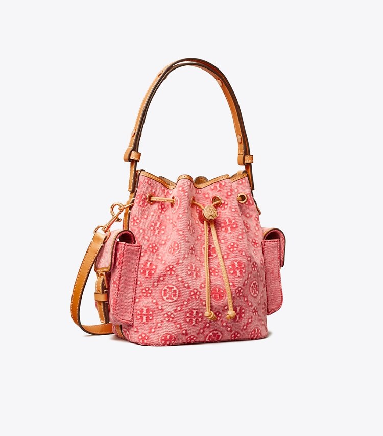 Tory Burch diseñador bolsos bandolera Bolso bucket de denim con monograma T en Brilliant Red ángulo