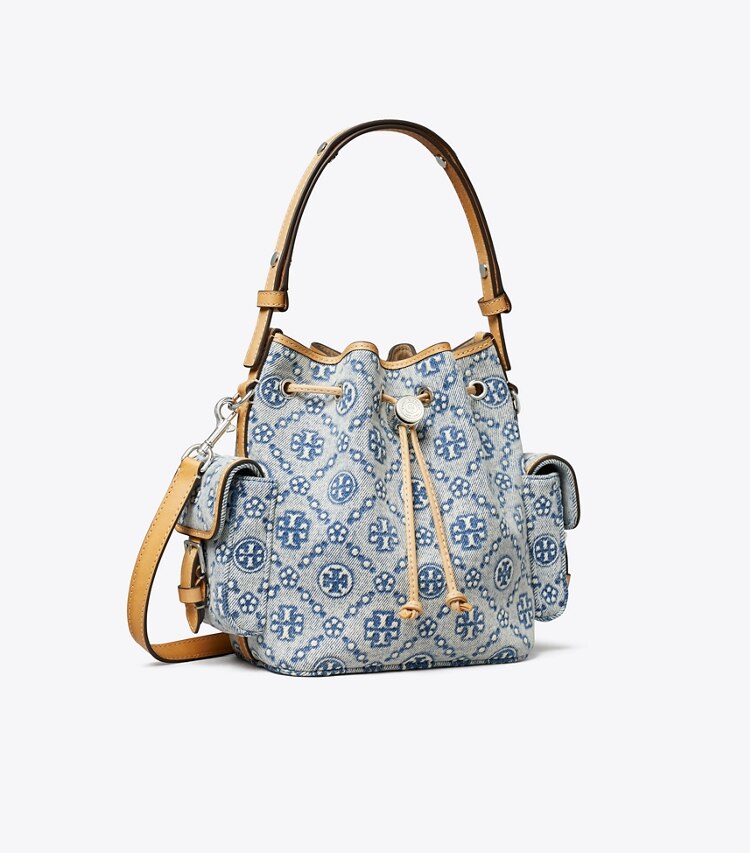 Tory Burch diseñador bolsos bandolera Bolso bucket de denim con monograma T en Powder Blue ángulo