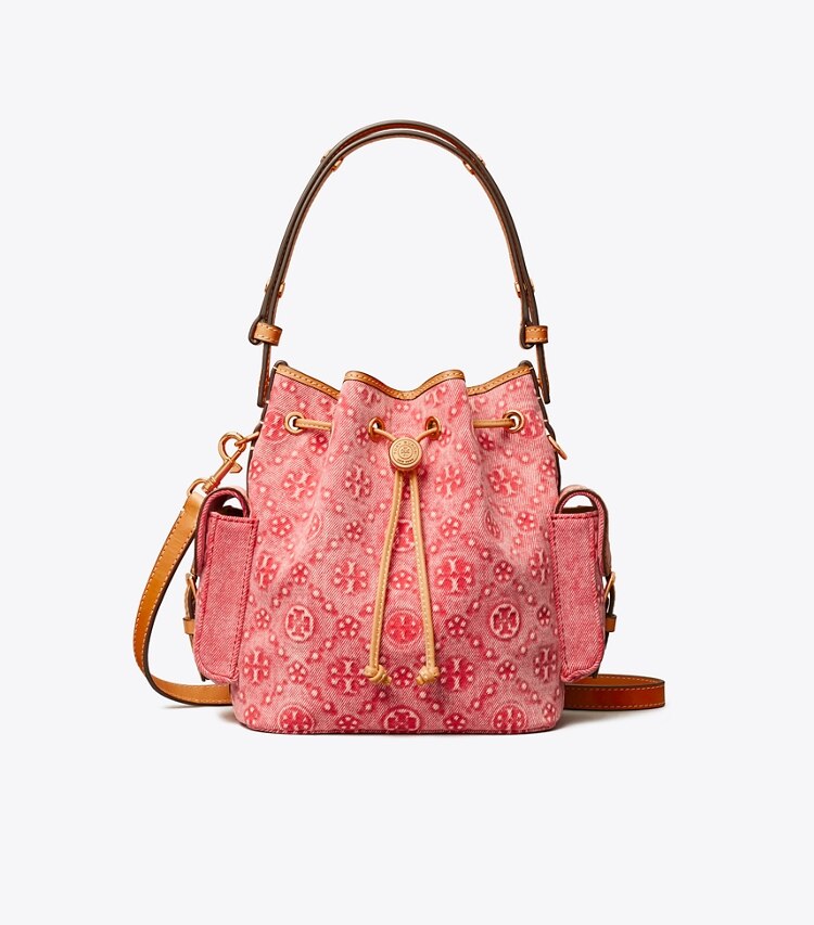 Tory Burch diseñador bolsos bandolera Bolso bucket de denim con monograma T en Brilliant Red frente