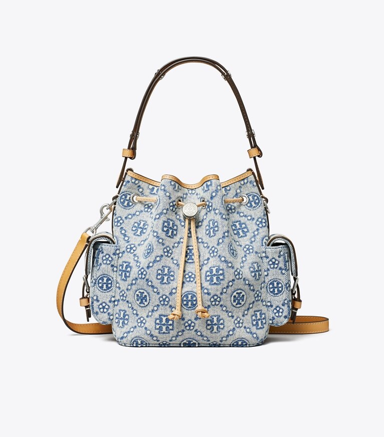 Tory Burch diseñador bolsos bandolera Bolso bucket de denim con monograma T en Powder Blue frente