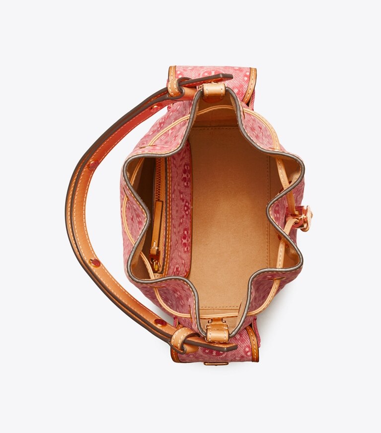 Tory Burch diseñador bolsos bandolera Bolso bucket de denim con monograma T en Brilliant Red vista superior