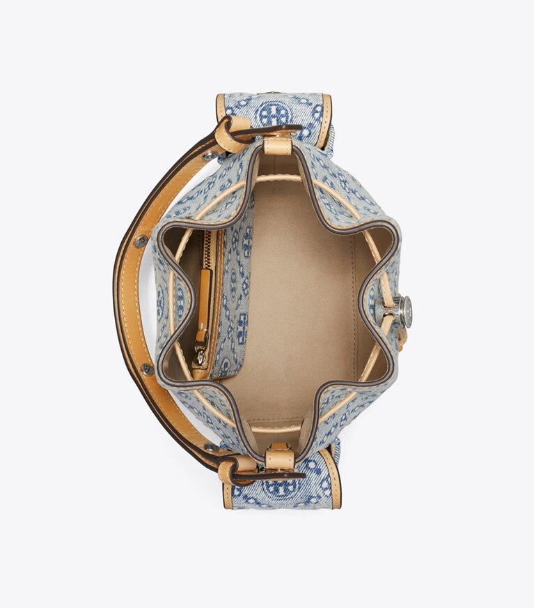 Tory Burch diseñador bolsos bandolera Bolso bucket de denim con monograma T en Powder Blue vista superior