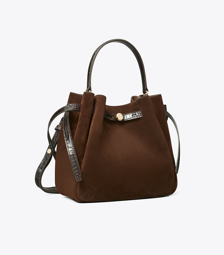 Tory Burch diseñador bolsos bandolera Bolso bucket de gamuza Romy en Dark Cocoa ángulo