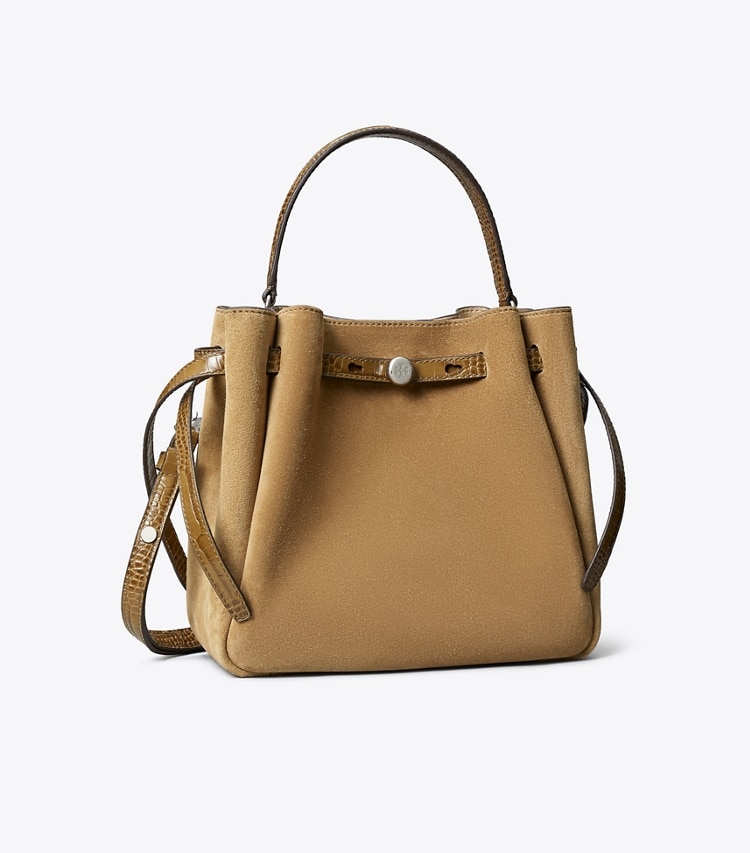 Tory Burch diseñador bolsos bandolera Bolso bucket de gamuza Romy en Stone ángulo