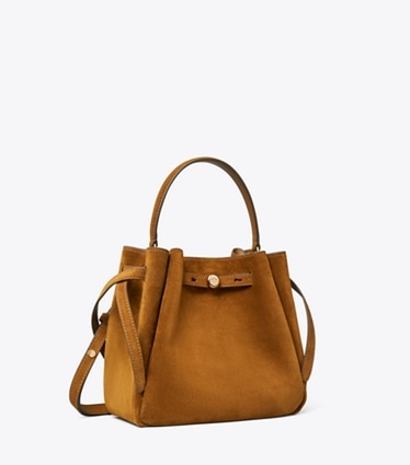 Tory Burch diseñador bolsos bandolera Bolso bucket de gamuza Romy en CARAMEL ángulo