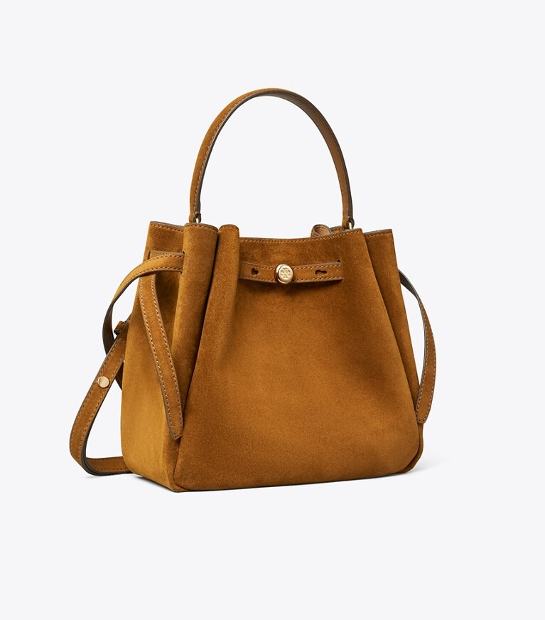 Tory Burch diseñador bolsos bandolera Bolso bucket de gamuza Romy en CARAMEL ángulo