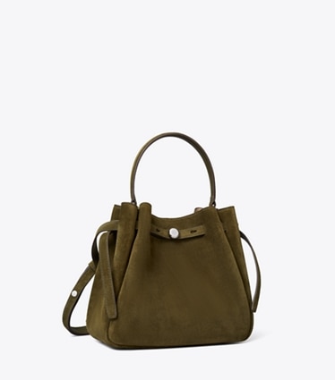 Tory Burch diseñador bolsos bandolera Bolso bucket de gamuza Romy en Dark Olive ángulo