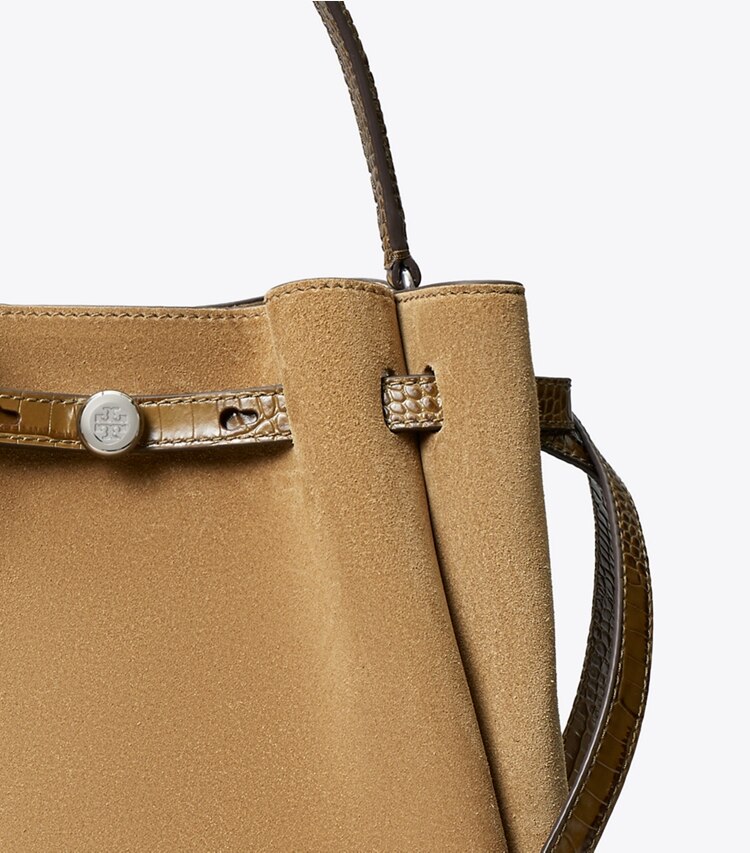 Tory Burch diseñador bolsos bandolera Bolso bucket de gamuza Romy en Stone detalle