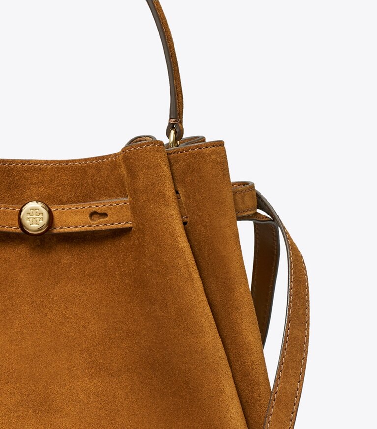 Tory Burch diseñador bolsos bandolera Bolso bucket de gamuza Romy en CARAMEL detalle