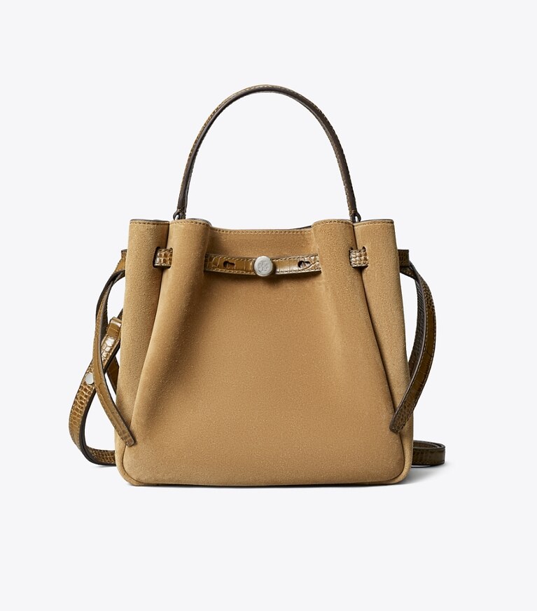 Tory Burch diseñador bolsos bandolera Bolso bucket de gamuza Romy en Stone frente