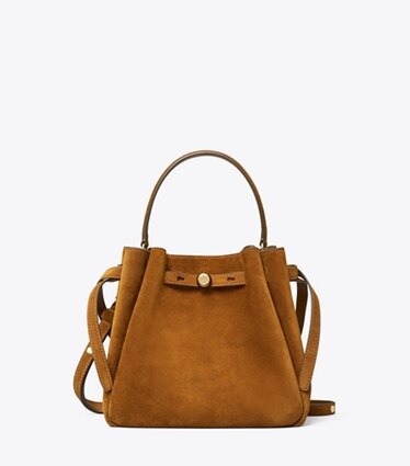 Tory Burch diseñador bolsos bandolera Bolso bucket de gamuza Romy en CARAMEL frente
