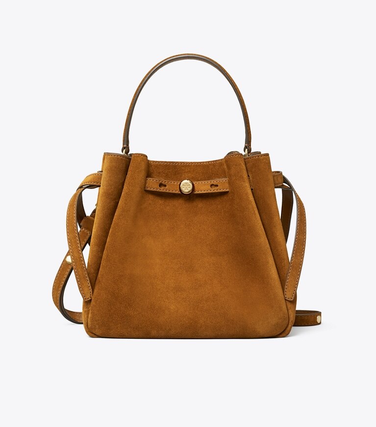 Tory Burch diseñador bolsos bandolera Bolso bucket de gamuza Romy en CARAMEL frente