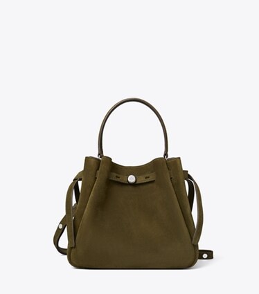 Tory Burch diseñador bolsos bandolera Bolso bucket de gamuza Romy en Dark Olive frente