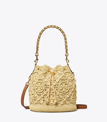Tory Burch diseñador bolsos bandolera Bolso bucket de rafia con monograma de T en Natural frontal