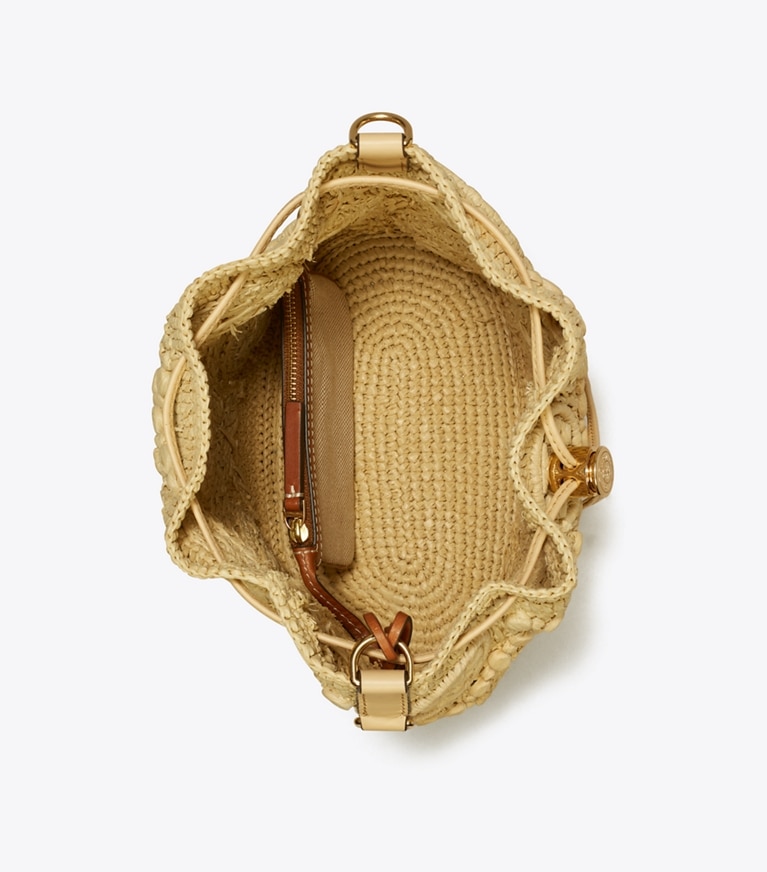 Tory Burch diseñador bolsos bandolera Bolso bucket de rafia con monograma de T en Natural desde arriba