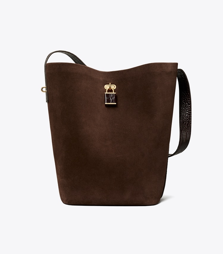 Tory Burch diseñador bolsos de hombro Bolso bucket delgado de gamuza con broche en Dark Cocoa frente