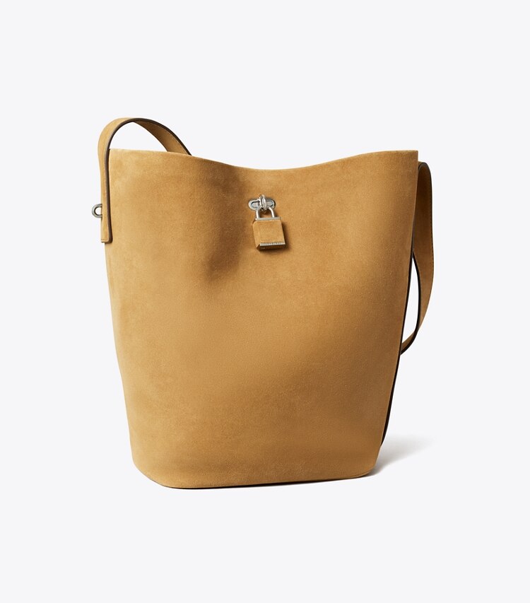 Tory Burch diseñador bolsos de hombro Bolso bucket delgado de gamuza con traba en WILD TABACCO ángulo