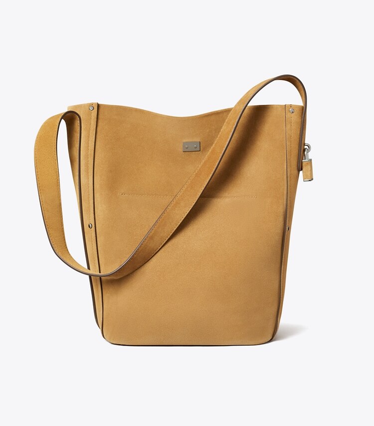Tory Burch diseñador bolsos de hombro Bolso bucket delgado de gamuza con traba en WILD TABACCO volver