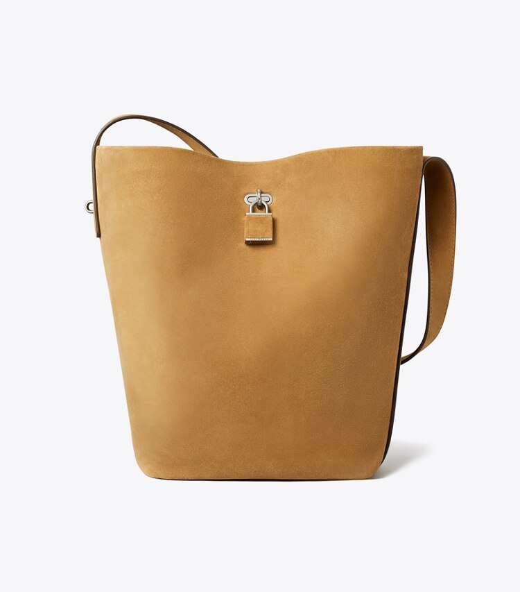 Tory Burch diseñador bolsos de hombro Bolso bucket delgado de gamuza con traba en WILD TABACCO frente