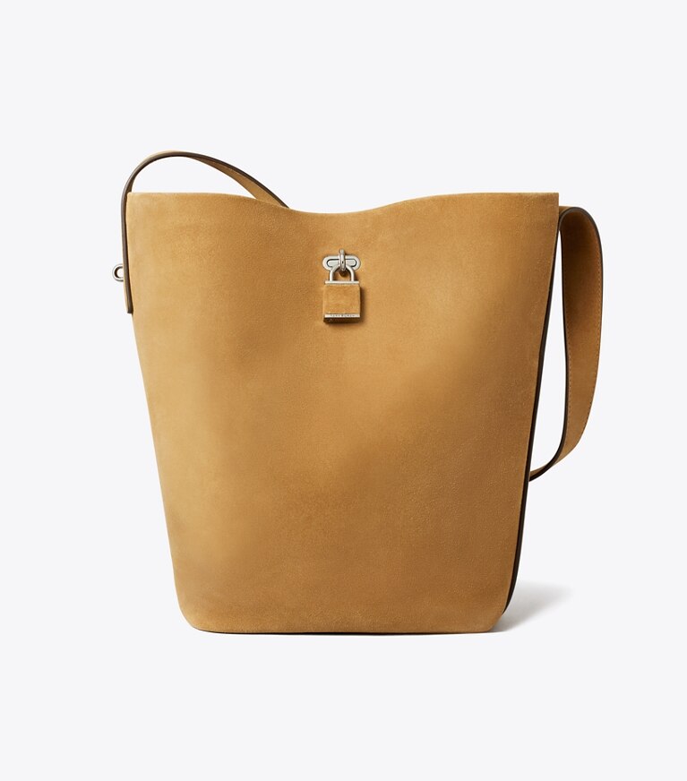 Tory Burch diseñador bolsos de hombro Bolso bucket delgado de gamuza con traba en WILD TABACCO frente