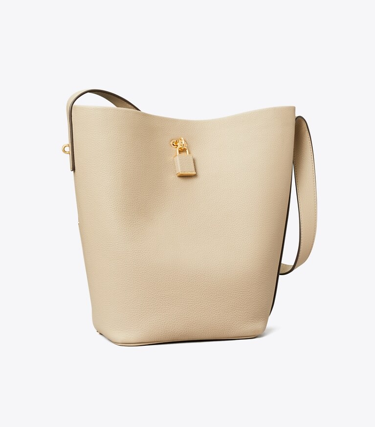 Tory Burch diseñador bolsos de hombro Bolso bucket delgado Lock en Light Stone ángulo