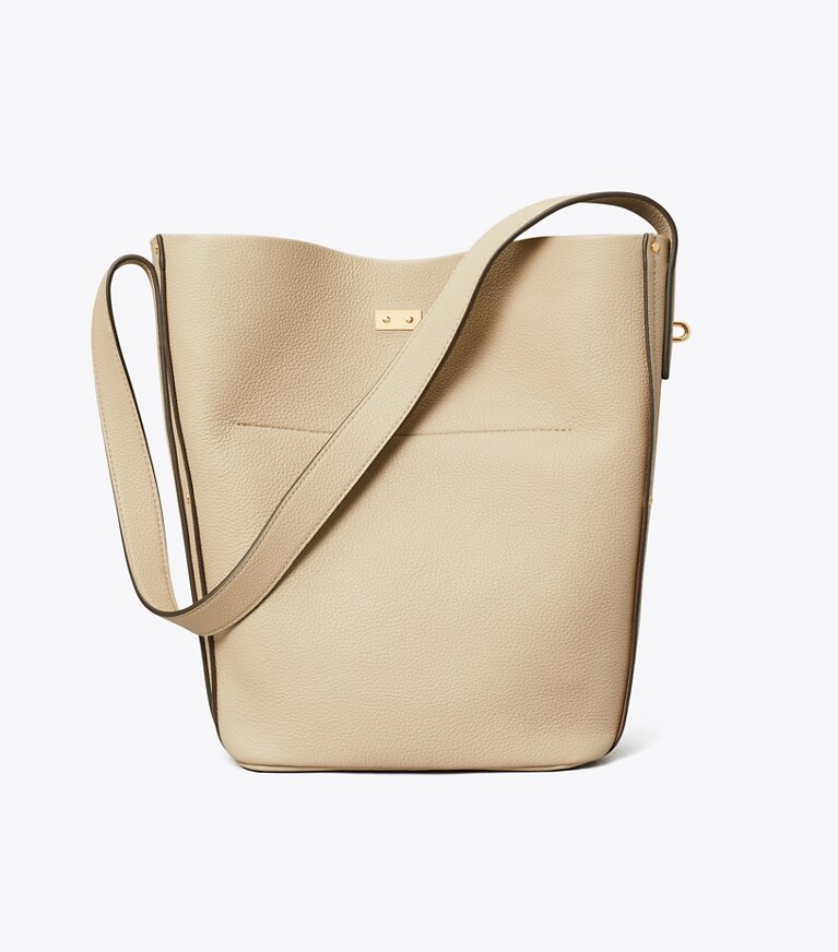 Tory Burch diseñador bolsos de hombro Bolso bucket delgado Lock en Light Stone volver