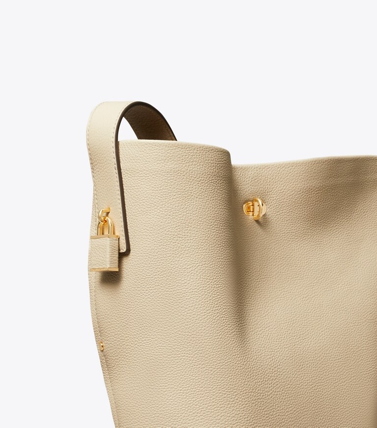 Tory Burch diseñador bolsos de hombro Bolso bucket delgado Lock en Light Stone detalle