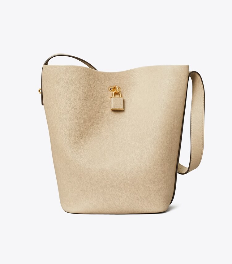 Tory Burch diseñador bolsos de hombro Bolso bucket delgado Lock en Light Stone frente