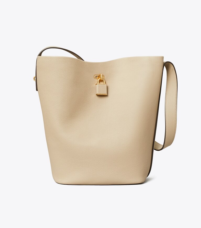 Tory Burch diseñador bolsos de hombro Bolso bucket delgado Lock en Light Stone frente