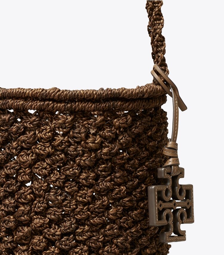 Tory Burch diseñador bolsos de hombro Bolso bucket Ella de crochet en punto palomita en Dark Cocoa detalle