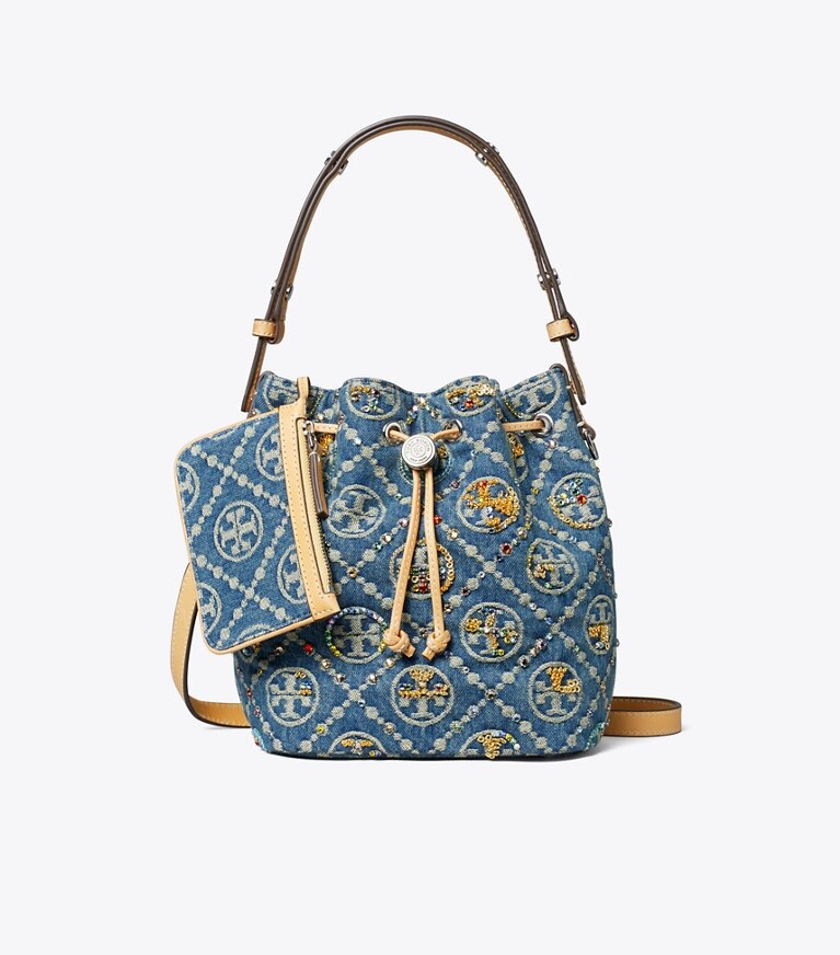 Tory Burch diseñador bolsos bandolera Bolso bucket en mezclilla con adornos y monograma en forma de T en Deep Royal adicional