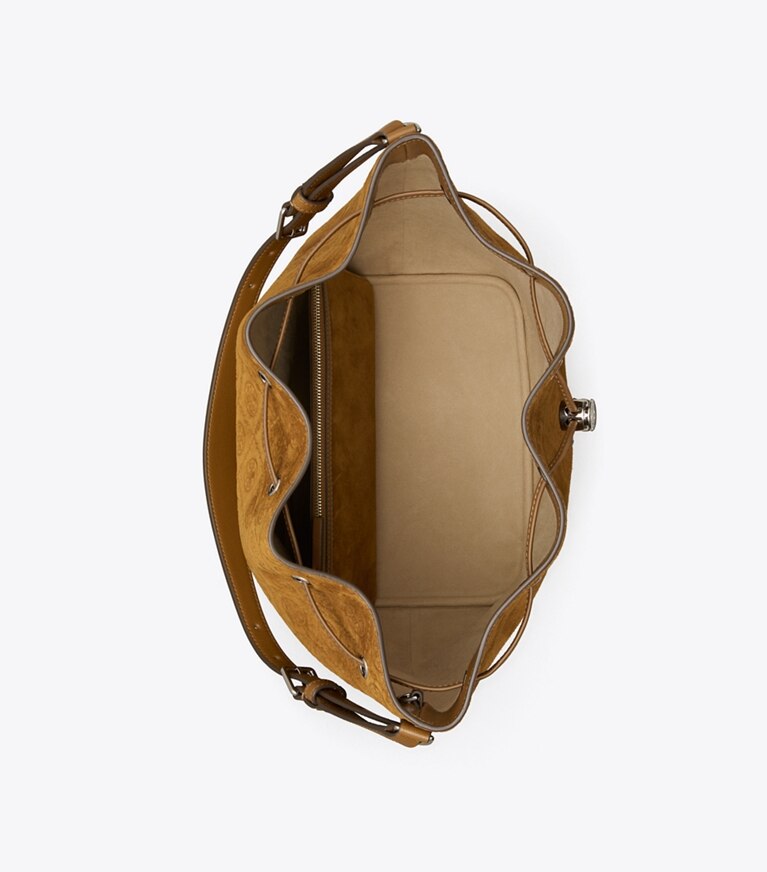 Tory Burch diseñador bolsos hobo Bolso bucket extragrande de ante con monograma de T en CHICORY BROWN desde arriba