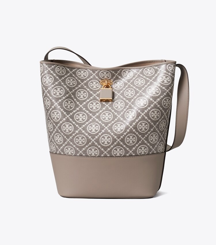 Tory Burch diseñador bolsos de hombro Bolso bucket fino con cierre de jacquard revestido con monograma de T en Charcoal frente