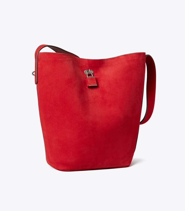 Tory Burch diseñador bolsos de hombro Bolso bucket fino de gamuza en Toucan Red ángulo