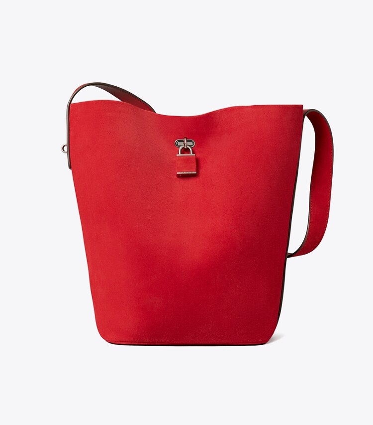 Tory Burch diseñador bolsos de hombro Bolso bucket fino de gamuza en Toucan Red frente